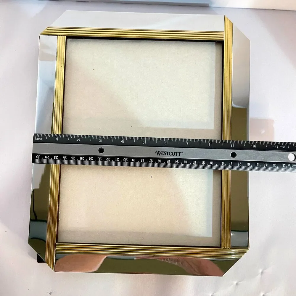 Art Deco Style Chrome & Gold Ribbed 8x10 Picture Frame Heavy Tabletop-Vintage